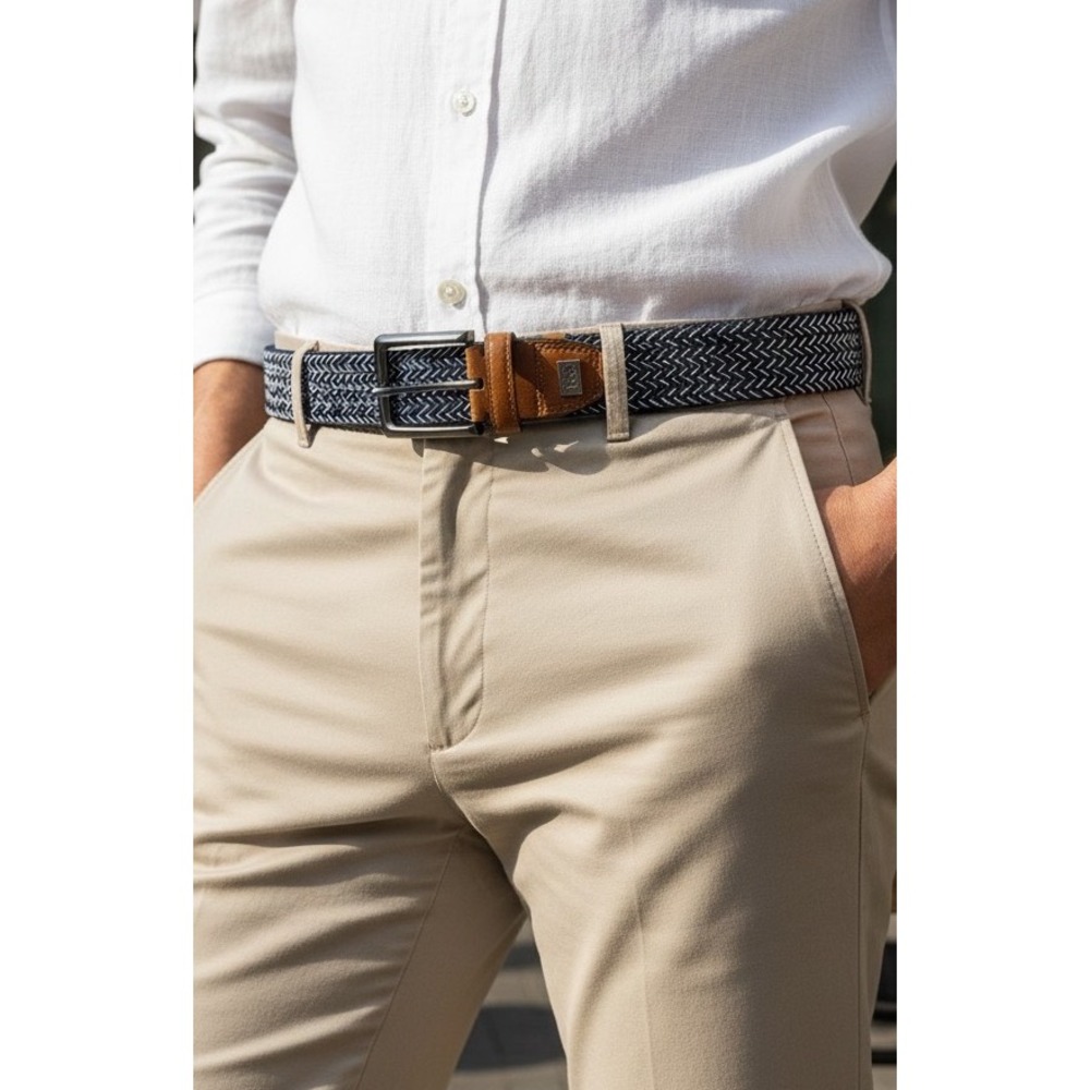 Lee Mens Braided Elastic Stretch Belt XL 46 Navy White Brown‎ Casual
